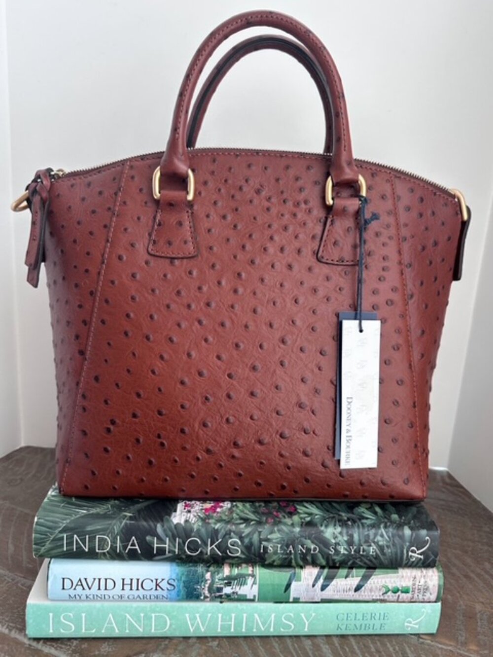 Dooney & Bourke Ostrich Embossed Leather Domed Satchel | Cognac | New with Tags - Picture 3 of 15